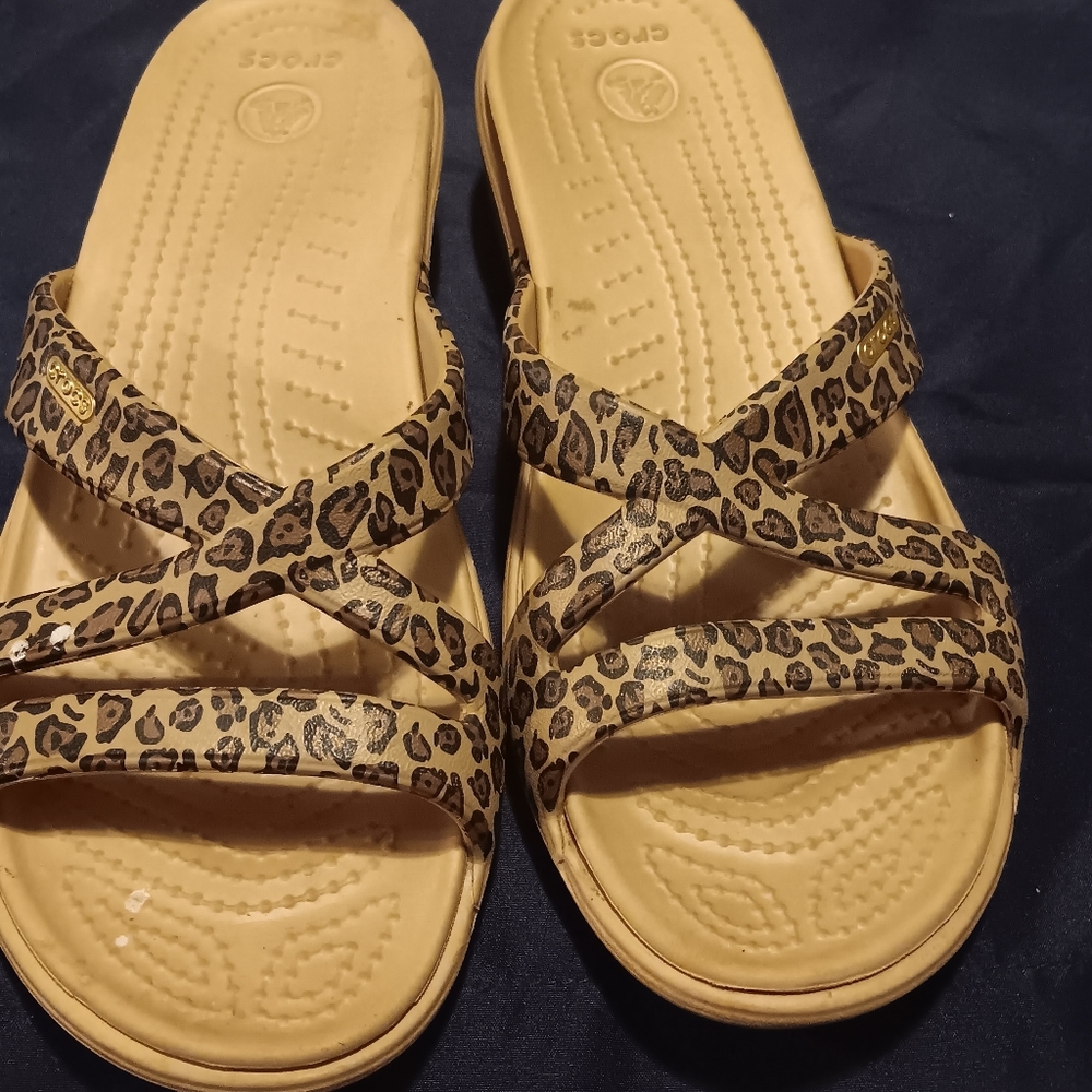 Crocs Leopard Wedge Slides Size 8